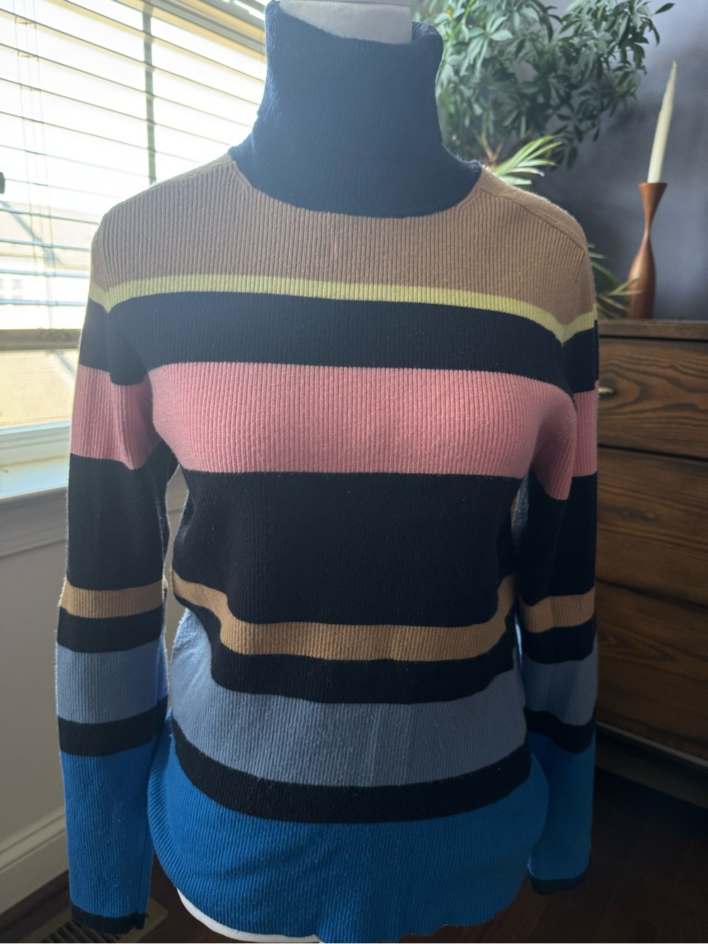 Ann Taylor Striped Turtleneck Sweater - Blue, Pink, Tan and Yellow